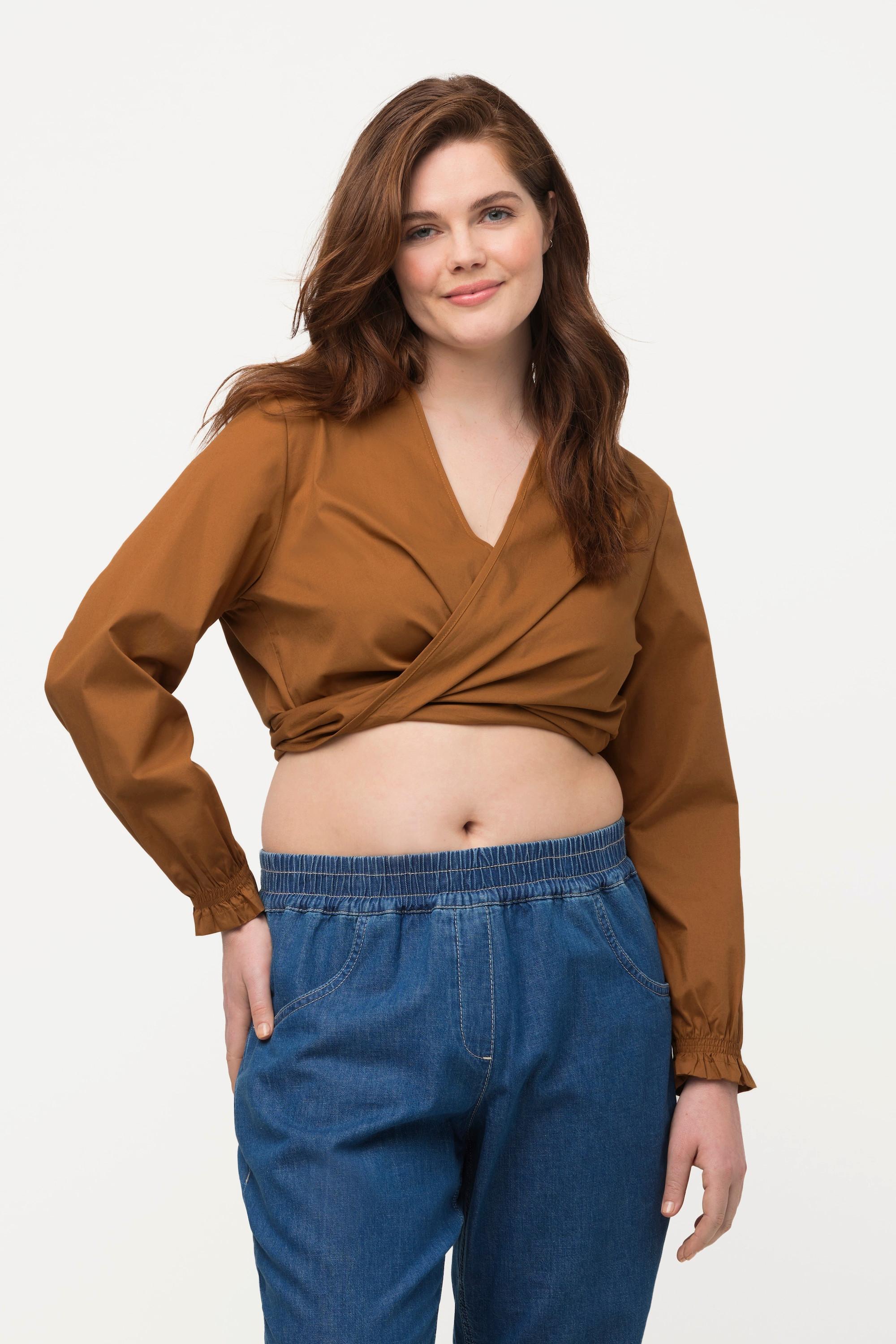 Ulla Popken Blusa Corta Incrociata Scollo V Maniche Lunghe Cotone Biologico  