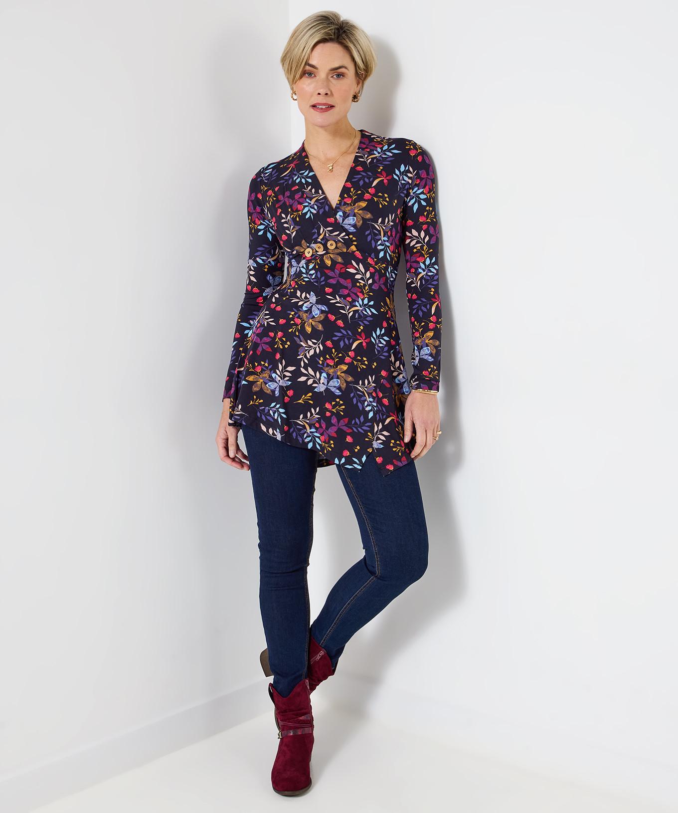 Joe Browns Tunica Aderente Floreale Orlo Asimmetrico Maniche Lunghe  