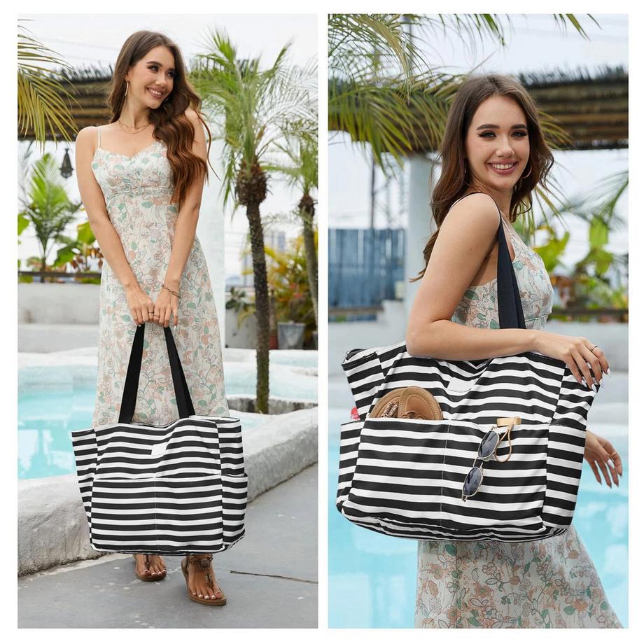 Only-bags.store Grand sac de plage rayé avec fermeture éclair imperméable Family Beach  
