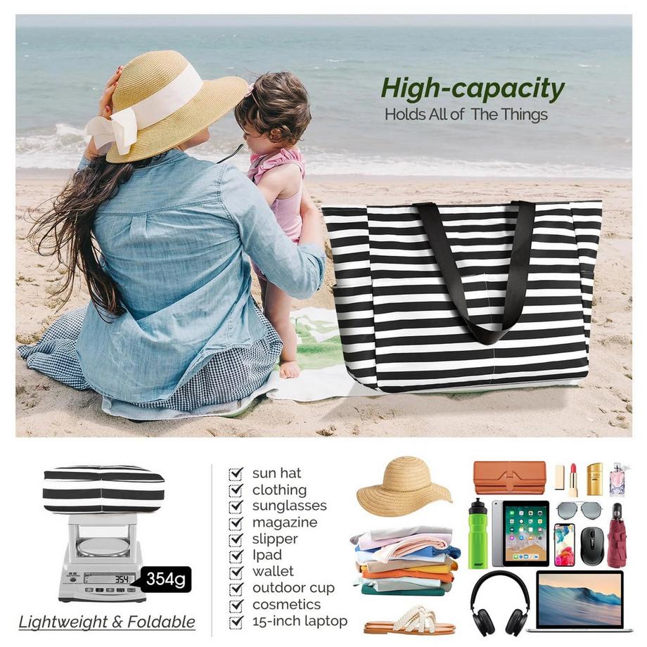 Only-bags.store Grand sac de plage rayé avec fermeture éclair imperméable Family Beach  