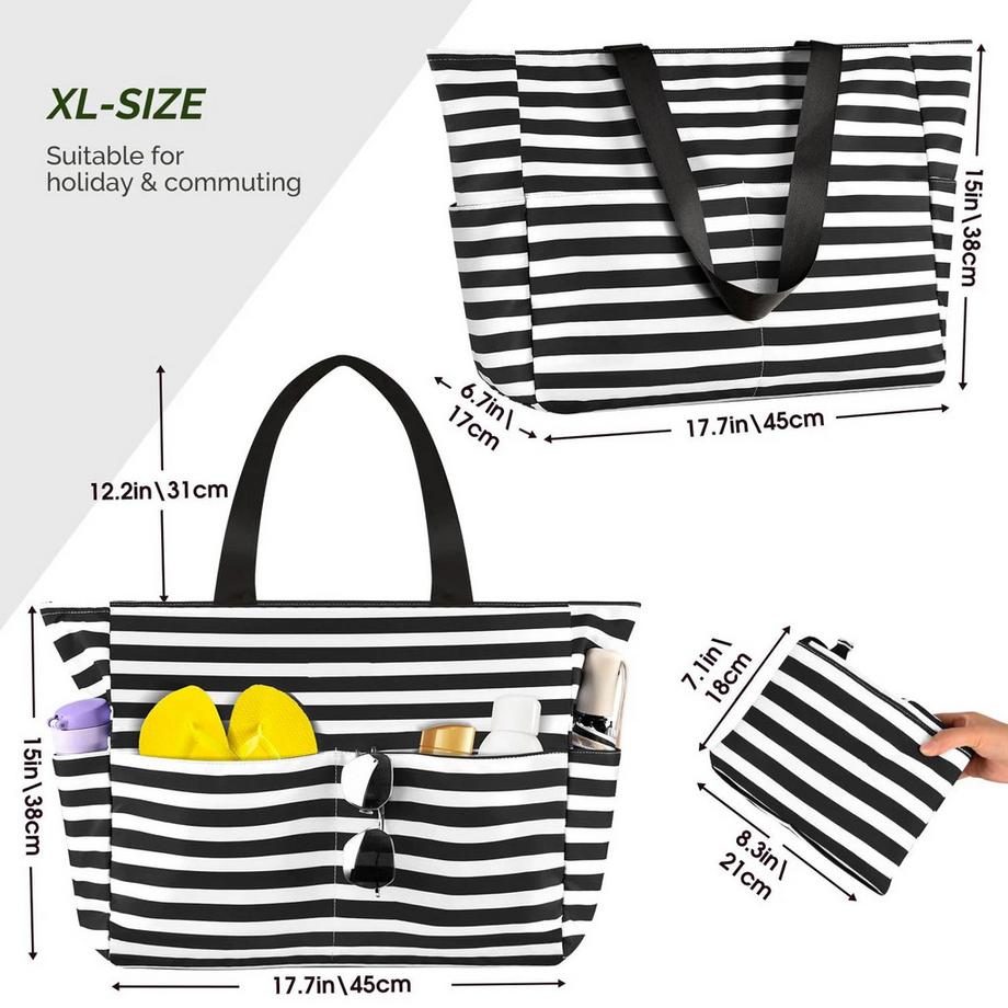 Only-bags.store Grand sac de plage rayé avec fermeture éclair imperméable Family Beach  