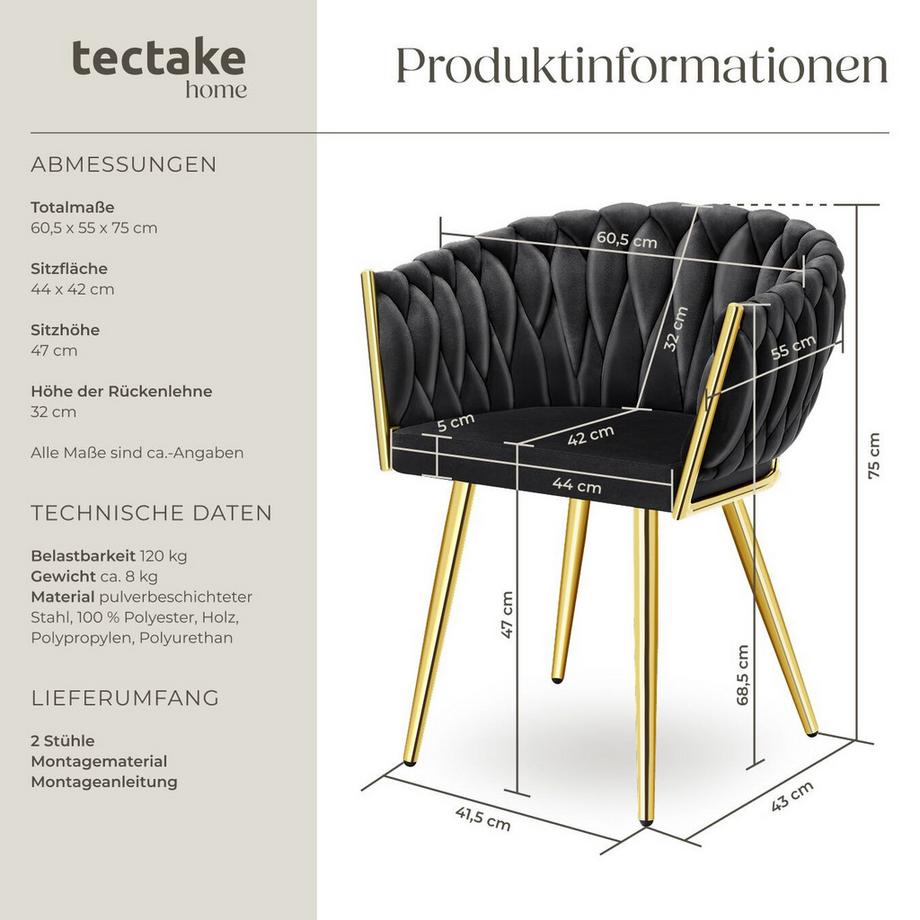 Tectake Lot de chaises de salle à manger ASTANO rembourrée avec revêtement en velours et design noué  