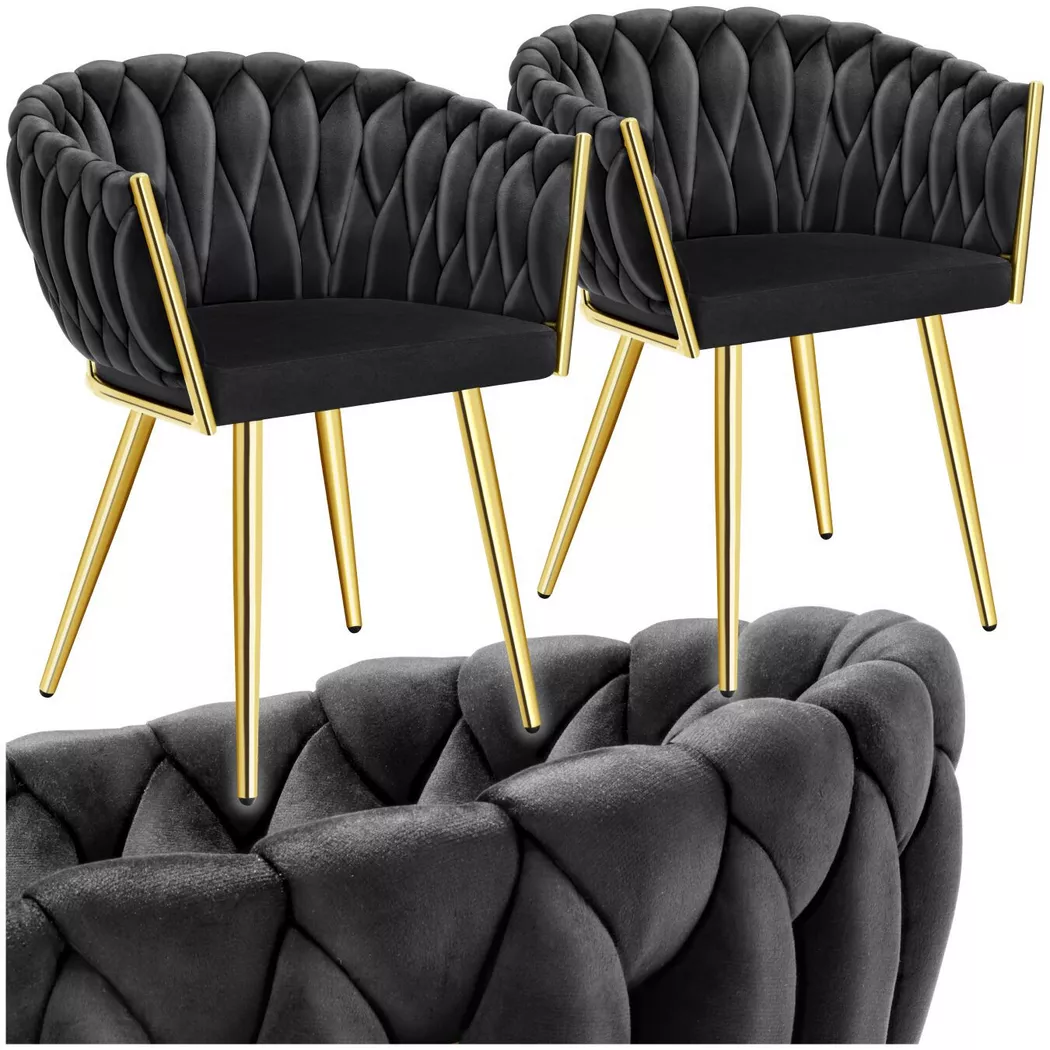 Tectake - Set de chaises salle à manger Astano velours design noué Lot 2 en noir/or -
