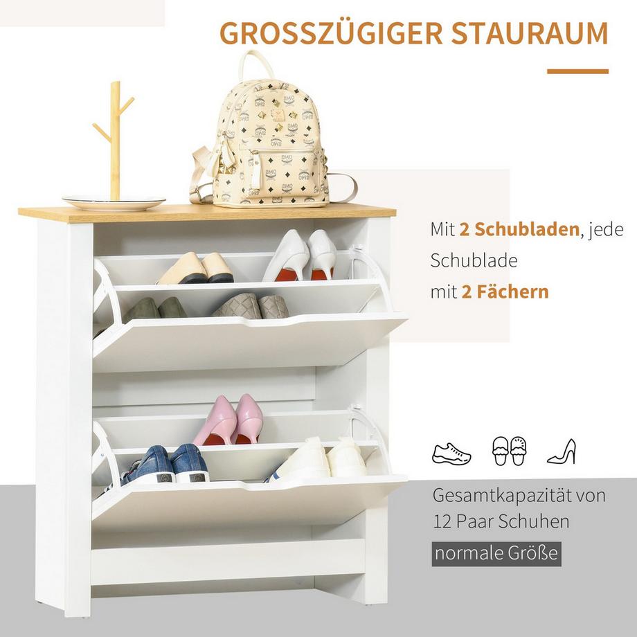 Northio Schuhschrank Platzsparend Schuhkipper Mit 2 Klappen Für 12 Paar Schuhe, Schuhregal Für Flur, Weiß+Natur  