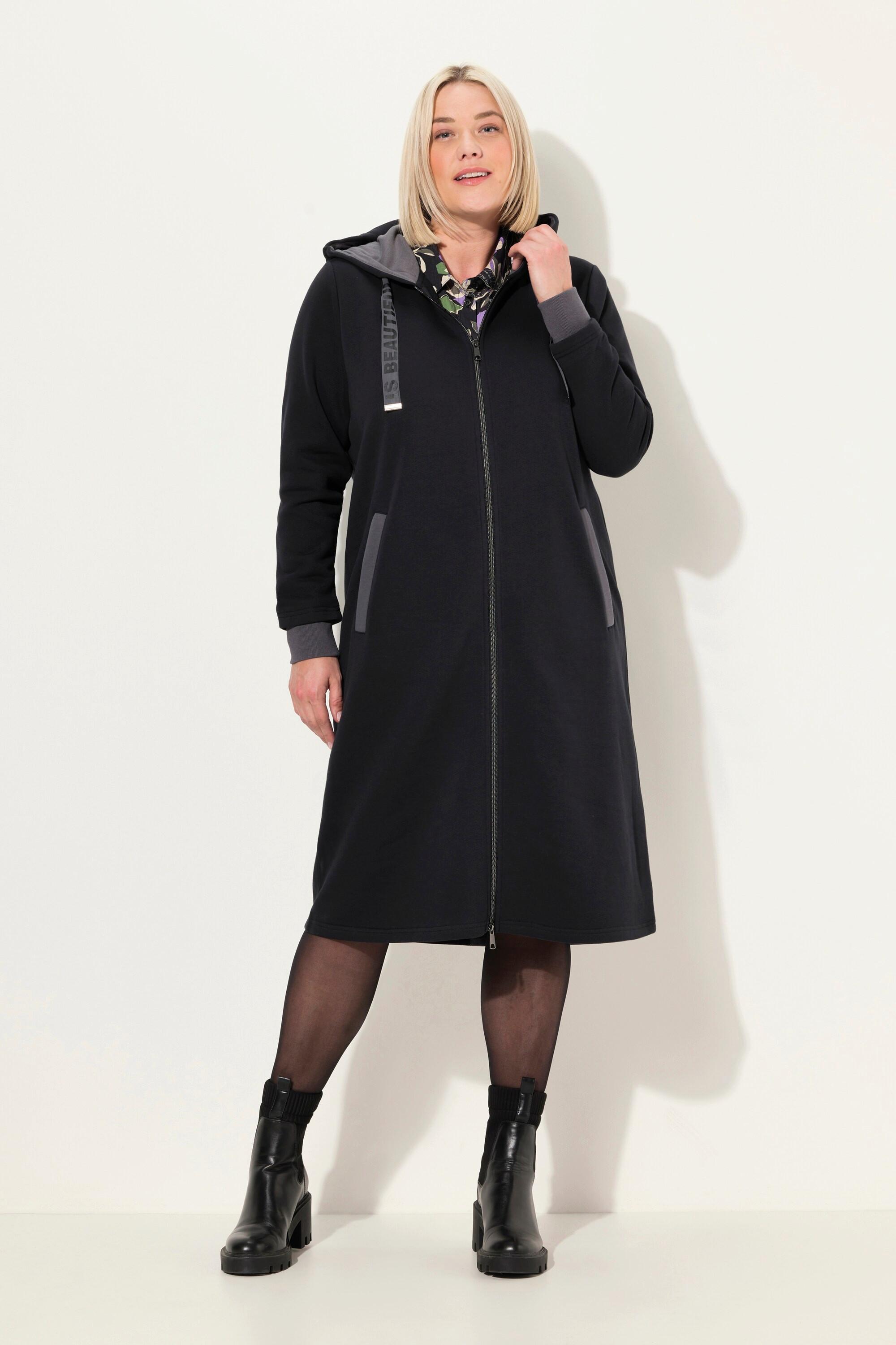 Ulla Popken Long Sweatjacke Kapuze Zwei Wege Zipper Rückenstreifen  