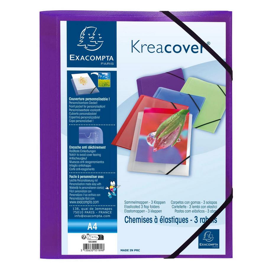 Exacompta Chemise à élastiques 3 rabats polypropylène translucide Krea Cover - A4 - x 25  