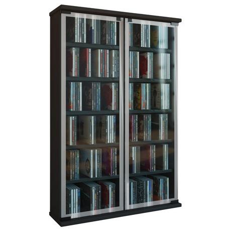 VCM CD Regal Holz | CD Schrank mit ESG-Sicherheitsglastüren für 300 CDs oder 130 DVDs 72-Videos | Maße: H. 92 x B. 60 x T. 18 cm | Elegantes DVD Regal |  