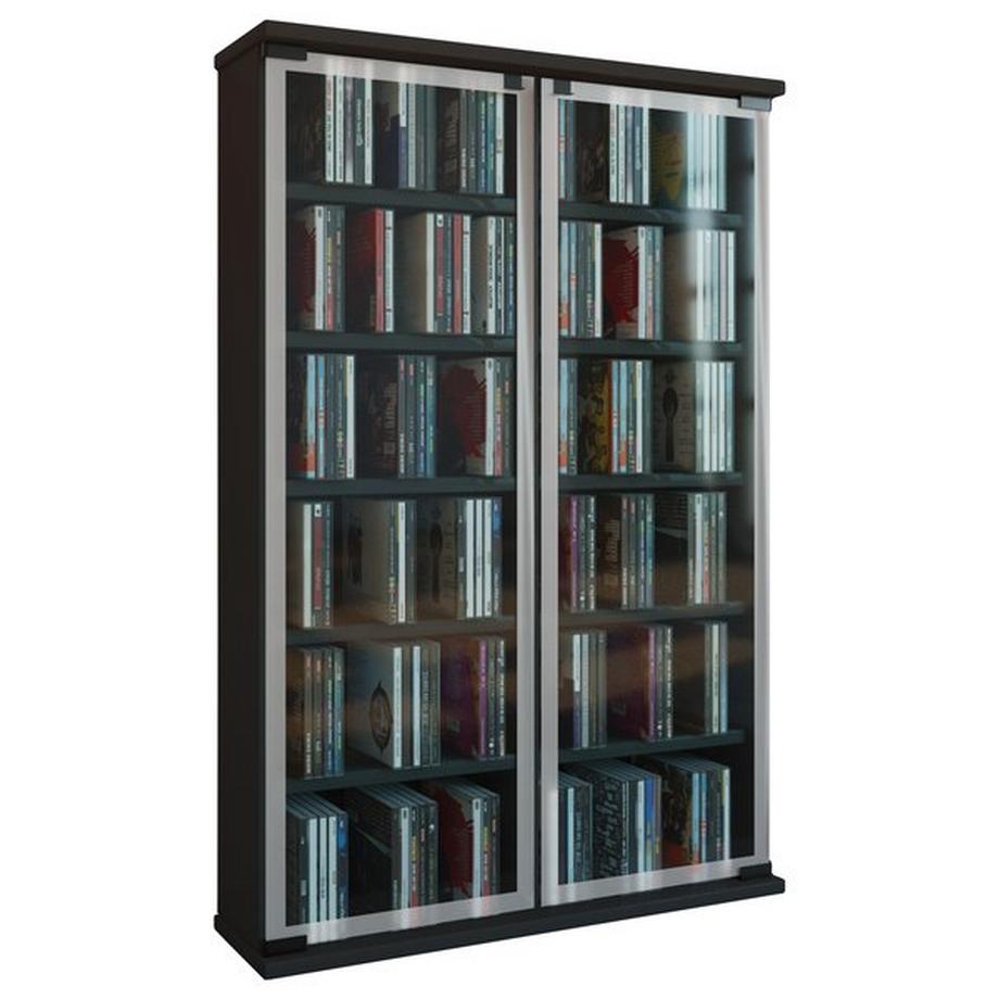 VCM CD Regal Holz | CD Schrank mit ESG-Sicherheitsglastüren für 300 CDs oder 130 DVDs 72-Videos | Maße: H. 92 x B. 60 x T. 18 cm | Elegantes DVD Regal |  