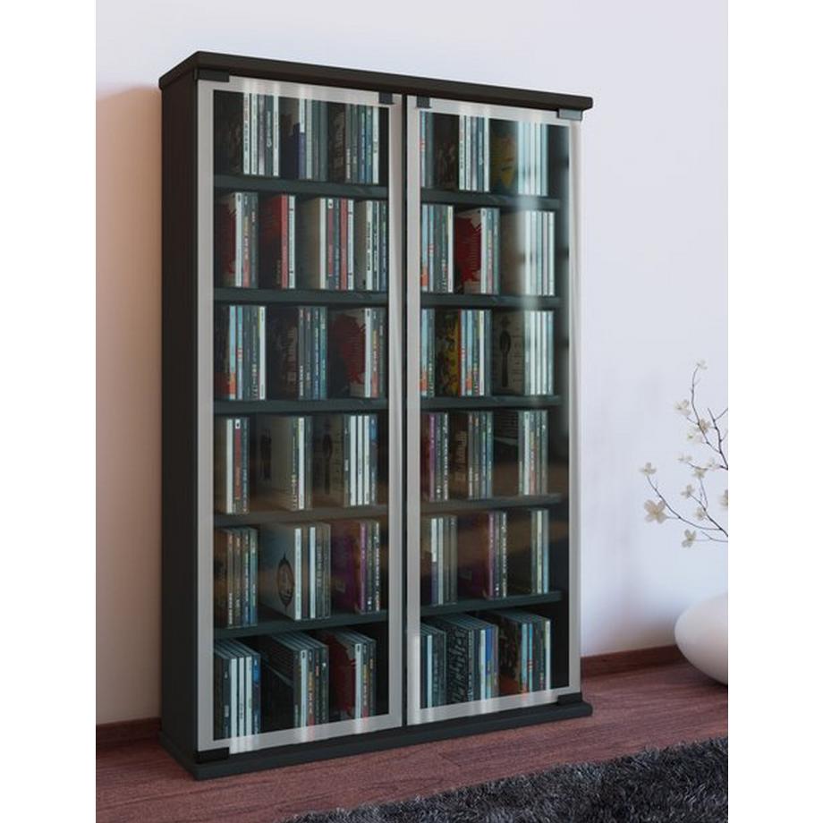 VCM CD Regal Holz | CD Schrank mit ESG-Sicherheitsglastüren für 300 CDs oder 130 DVDs 72-Videos | Maße: H. 92 x B. 60 x T. 18 cm | Elegantes DVD Regal |  