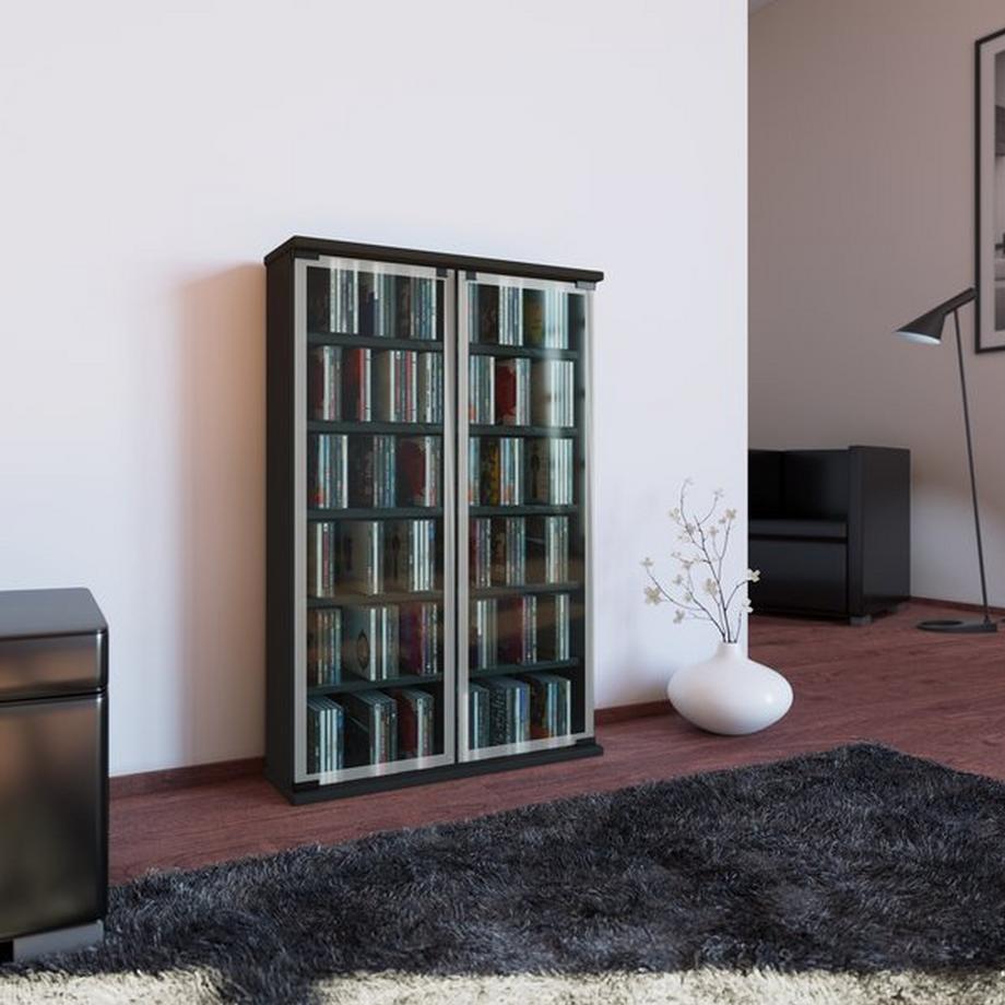 VCM CD Regal Holz | CD Schrank mit ESG-Sicherheitsglastüren für 300 CDs oder 130 DVDs 72-Videos | Maße: H. 92 x B. 60 x T. 18 cm | Elegantes DVD Regal |  