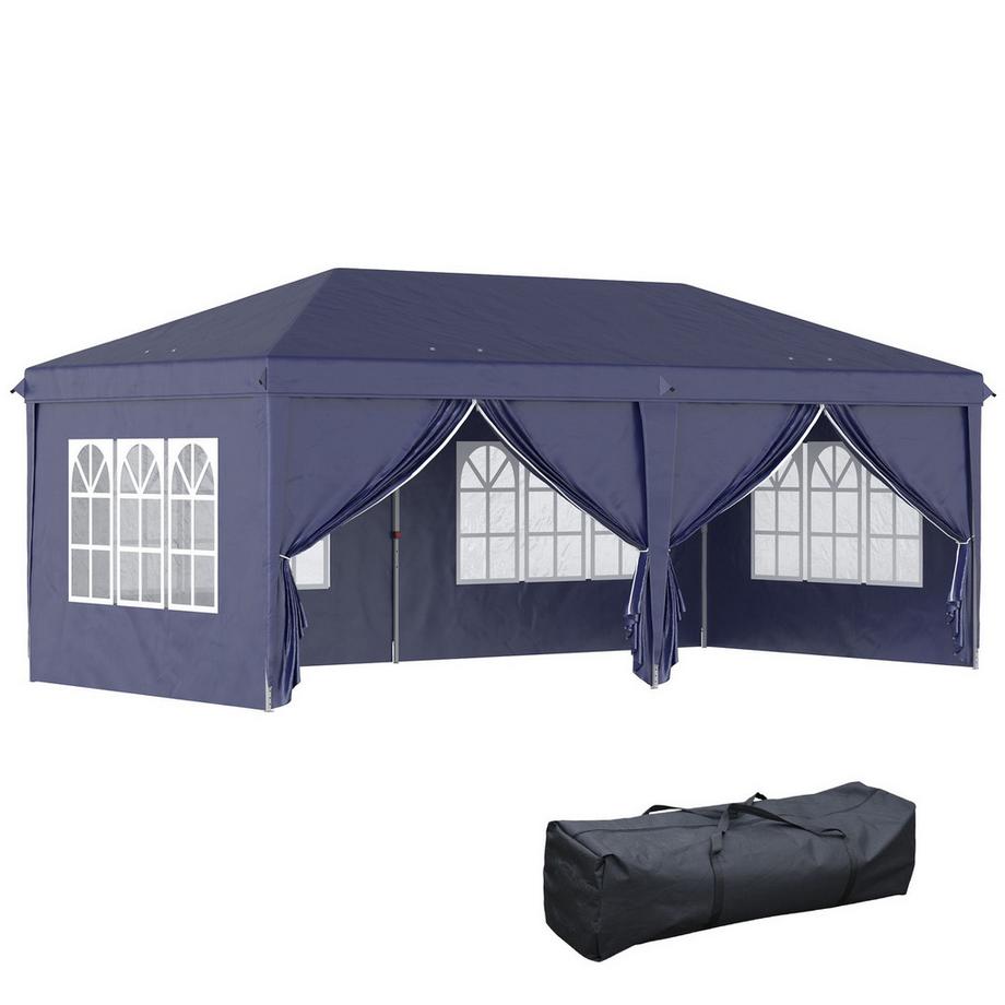 Pavillon pliant 5,85x2,95m avec protection UV, parois latérales et fenêtres, portes à fermeture éclair, acier robuste, bleu pour jardin et événements