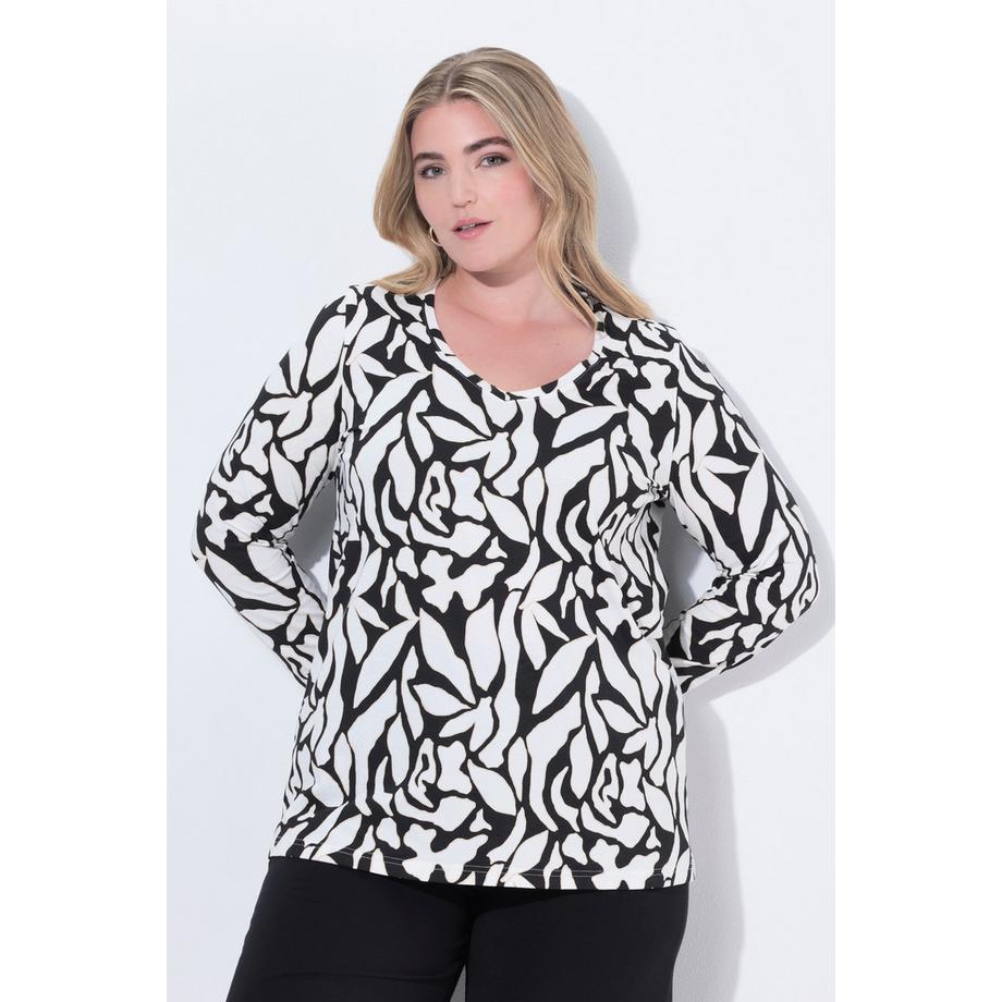 Ulla Popken Stampa Grafica Taglio Svasato Scollo a V Maniche Lunghe Maglia  