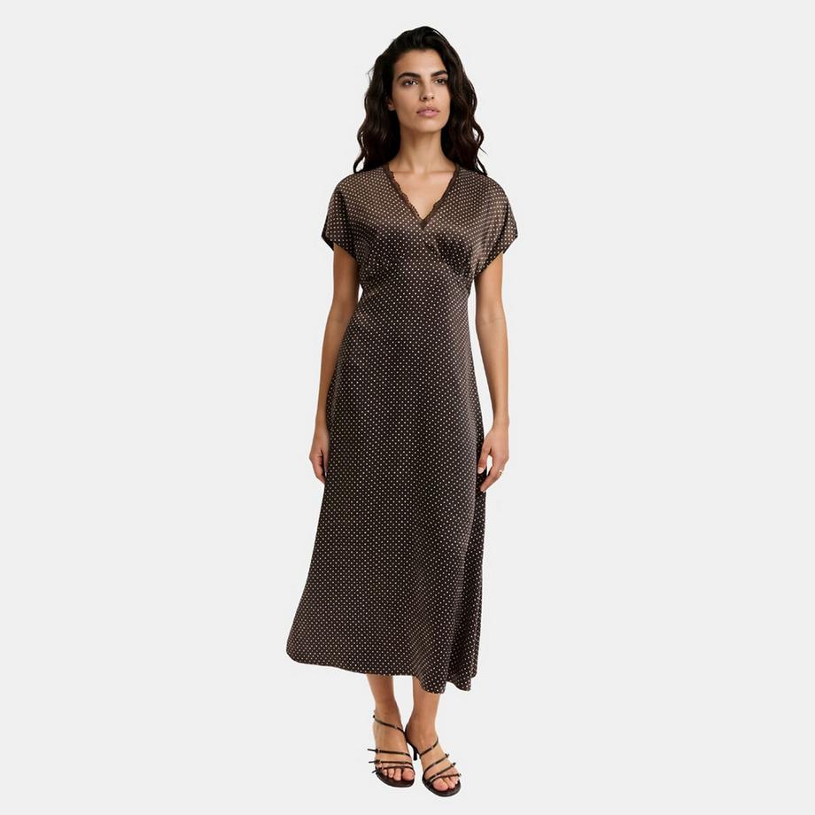 Robe longue à pois manches courtes en satin