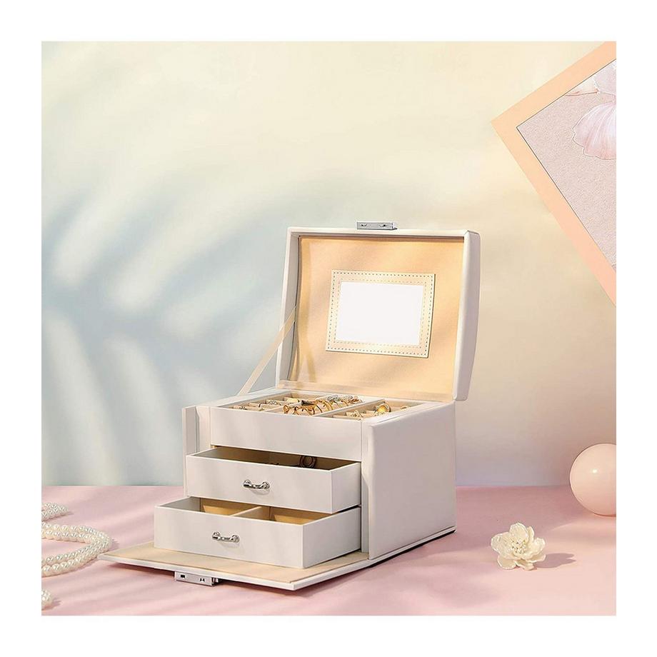 Calicosy  Abschließbare Schmuckschatulle mit 3 Ebenen, Spiegel und Samtfutter 