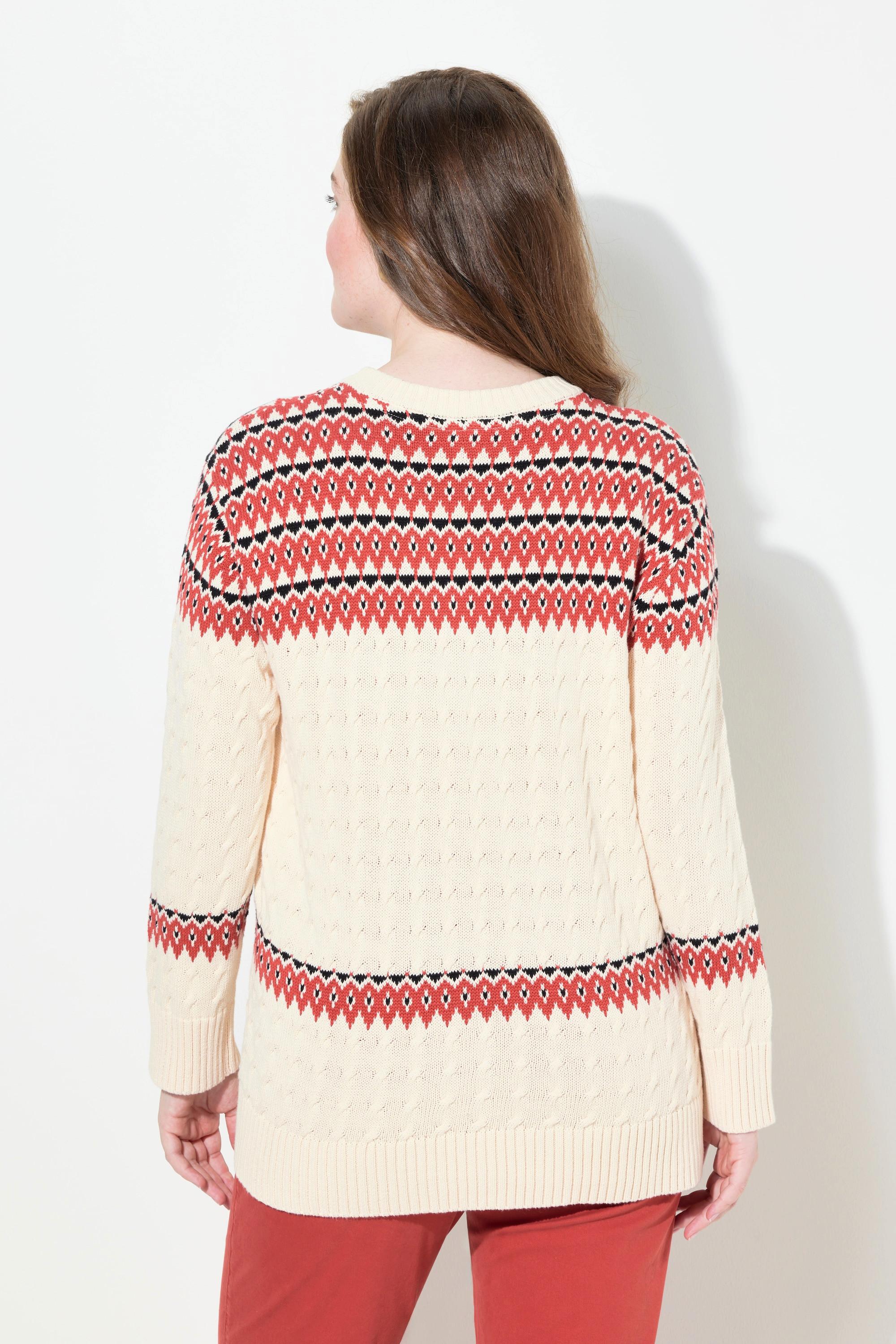 Ulla Popken  Pull à col rond et manches longues en coton bio, motif Fair Isle 