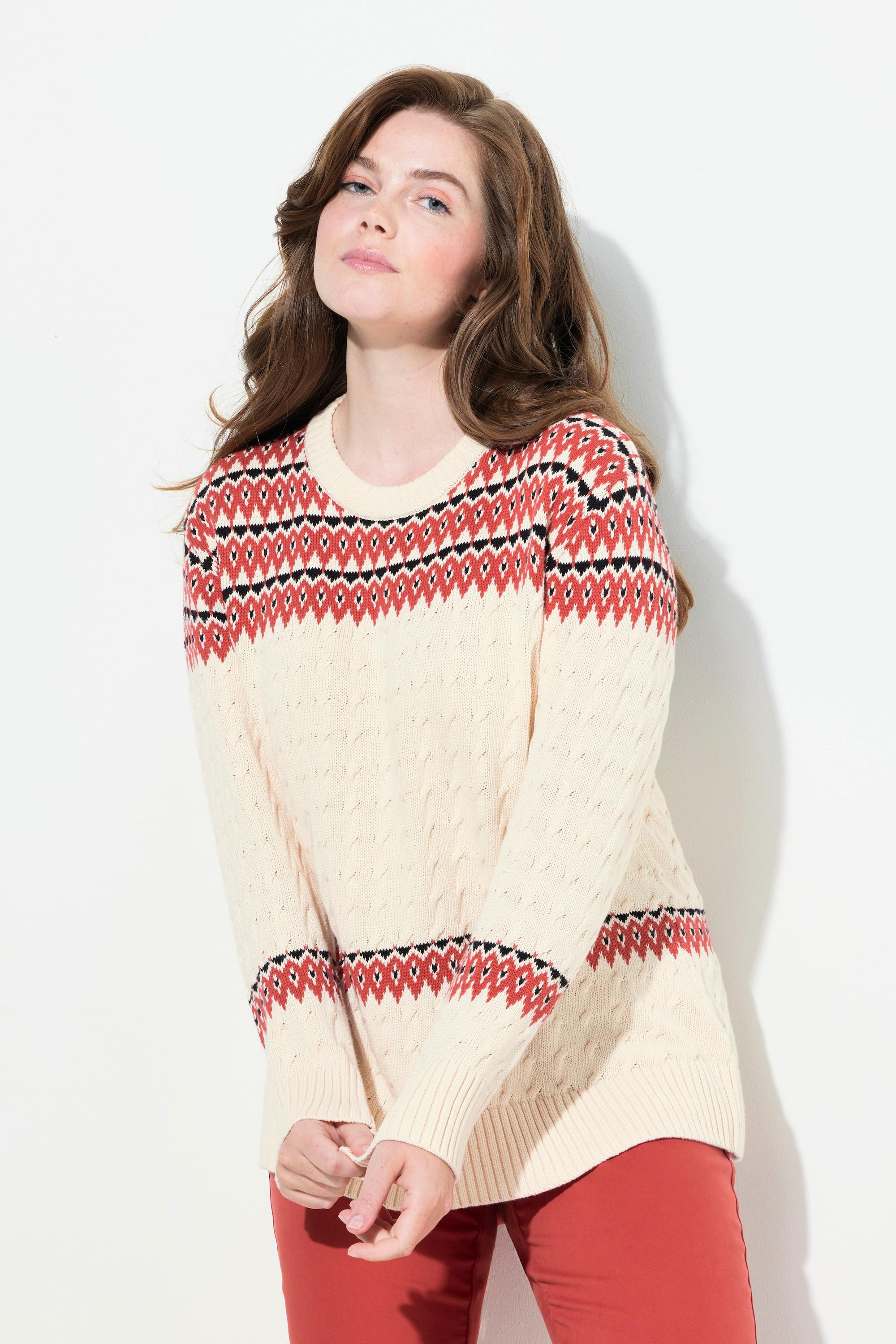 Ulla Popken  Pullover, Fair Isle, Rundhals, Langarm, Biobaumwolle 