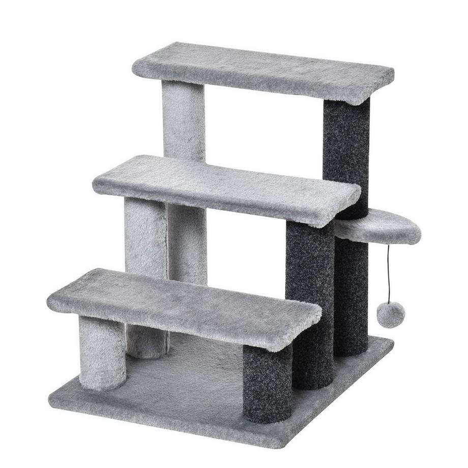 Northio  Katzentreppe, Haustiertreppe, Hundetreppe, Treppe für Katze und Hunde, 3 Stufen, mit Spielball, Plüsch, Grau, 45x40x48cm 