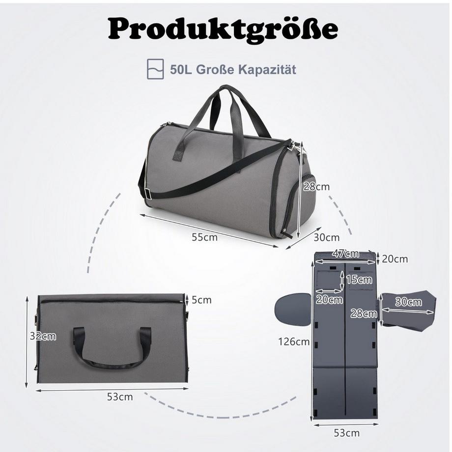 B2X  Handgepäcktasche mit Schuhfach & verstellbarem Schultergurt 2-in-1-Hängeanzug-Reisetasche Dunkelgrau 