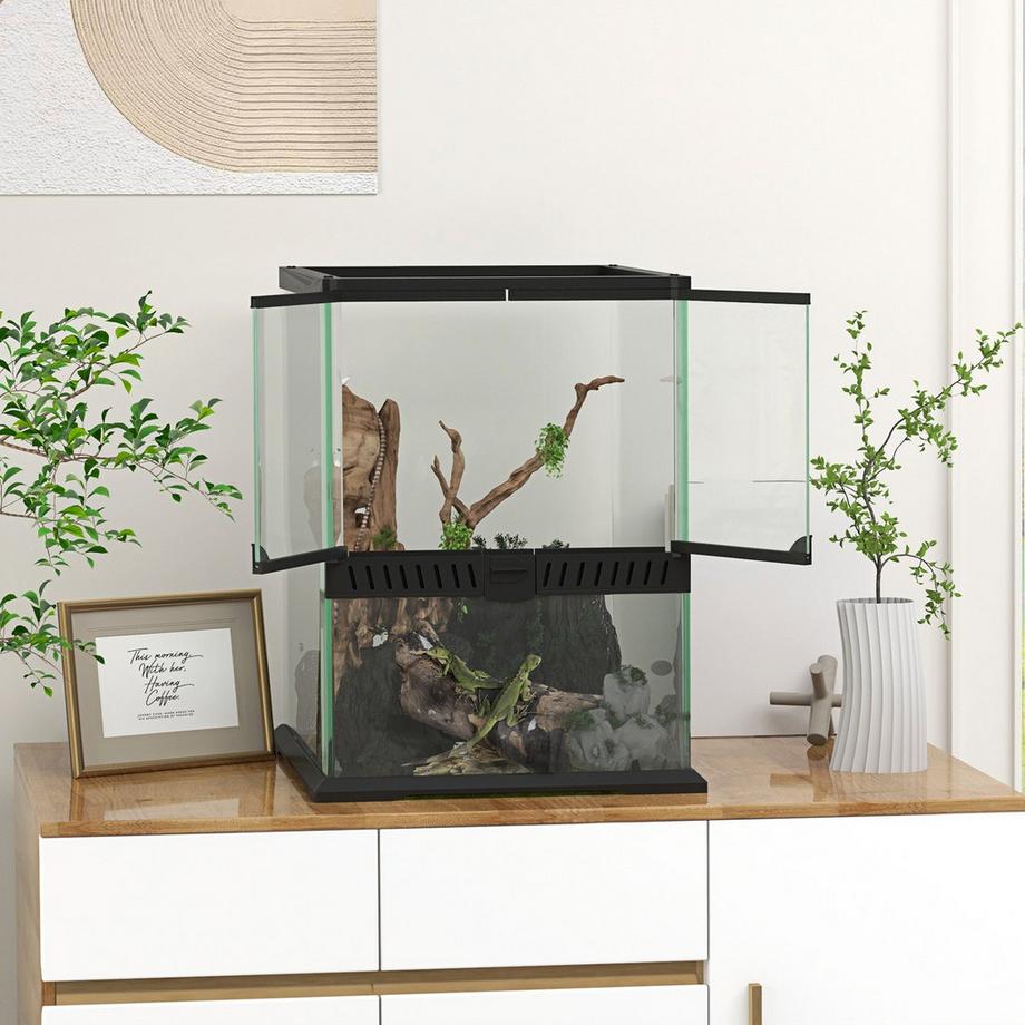 Northio  Terrarium Boîte D'Alimentation Pour Reptiles Ventilation Anti-Fuite 120L Verre Terrarium Gestion Des Câbles Amphibiens Araignée Métal Noir 45X45X60Cm 
