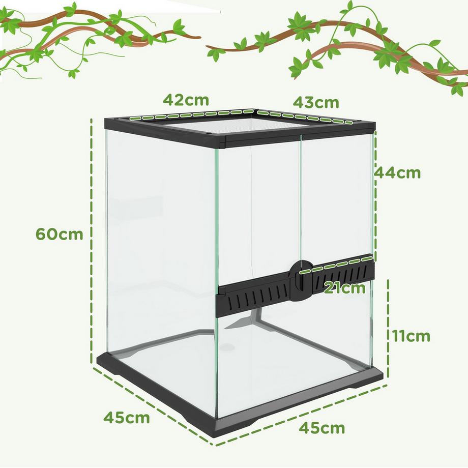 Northio  Terrarium Boîte D'Alimentation Pour Reptiles Ventilation Anti-Fuite 120L Verre Terrarium Gestion Des Câbles Amphibiens Araignée Métal Noir 45X45X60Cm 