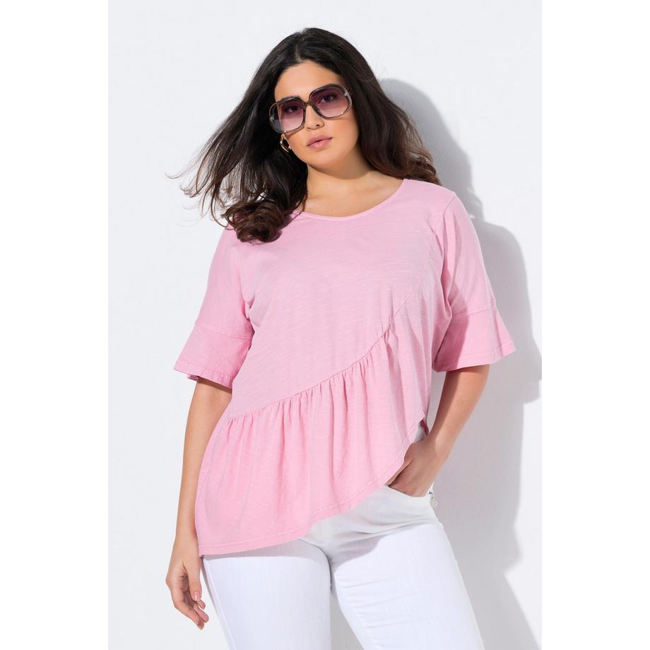 Ulla Popken T-shirt Oversize Scollo a V Mezza Manica con Volant sull'Orlo  