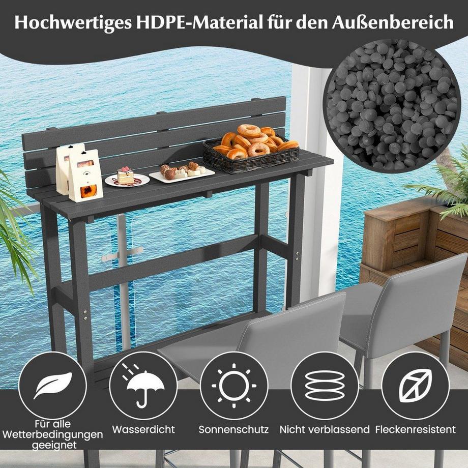 B2X  Outdoor Bartisch mit Ablage & Verstellbaren Fußpads Terrassen Hochtisch 122 x 39 x 136 cm Grau 