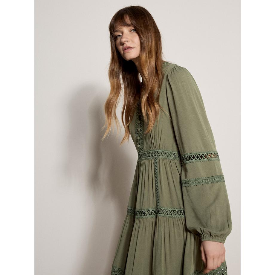 APRICOT Robe Midi à Volants et Bordure en Dentelle  
