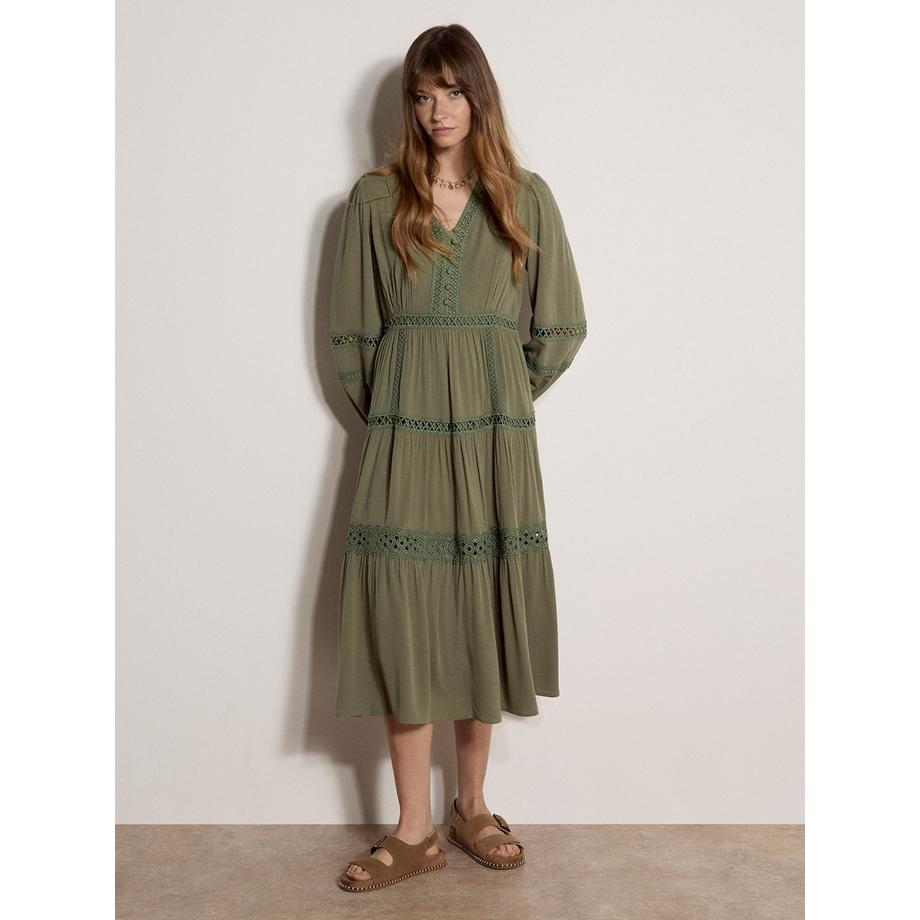 APRICOT Robe Midi à Volants et Bordure en Dentelle  