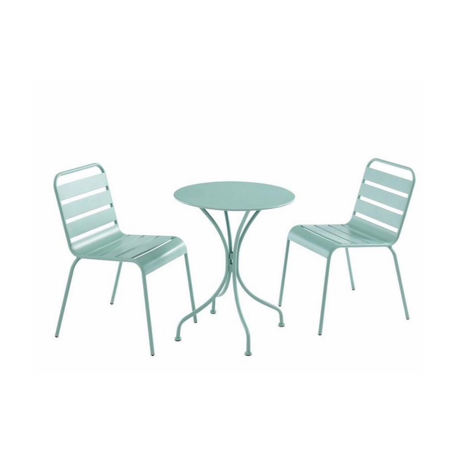 Vente-unique Salle à manger de jardin  en métal - une table D.60cm et 2 chaises empilables - Vert amande - MIRMANDE de MYLIA  