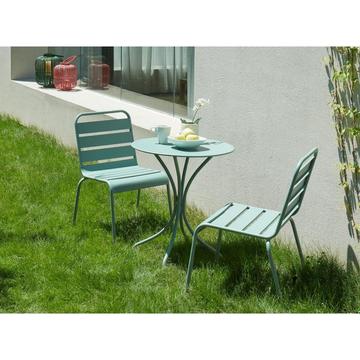 Salle à manger de jardin  en métal - une table D.60cm et 2 chaises empilables - Vert amande - MIRMANDE de MYLIA