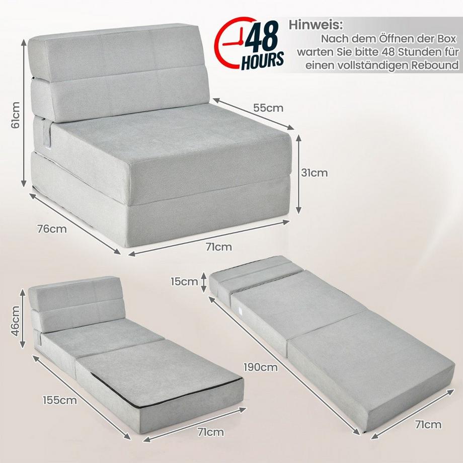 Northio 3 in 1 Klappbares Schlafsofa mit Waschbarem Bezug Extra Dick Schaumstoff (15cm) Grau  