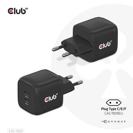 Club3D  CAC-1909EU chargeur d'appareils mobiles Téléphone portable, Ordinateur portable, Smartphone Noir Secteur Intérieure 