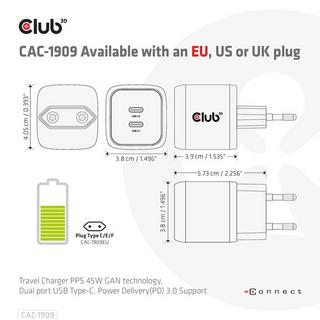 Club3D  CAC-1909EU chargeur d'appareils mobiles Téléphone portable, Ordinateur portable, Smartphone Noir Secteur Intérieure 