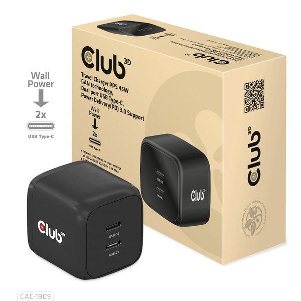 Club3D  CAC-1909EU chargeur d'appareils mobiles Téléphone portable, Ordinateur portable, Smartphone Noir Secteur Intérieure 