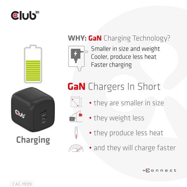 Club3D  CAC-1909EU chargeur d'appareils mobiles Téléphone portable, Ordinateur portable, Smartphone Noir Secteur Intérieure 