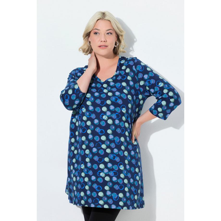 Ulla Popken T-shirt long motif à pois Col en V Manches 3/4 Coupe évasée  