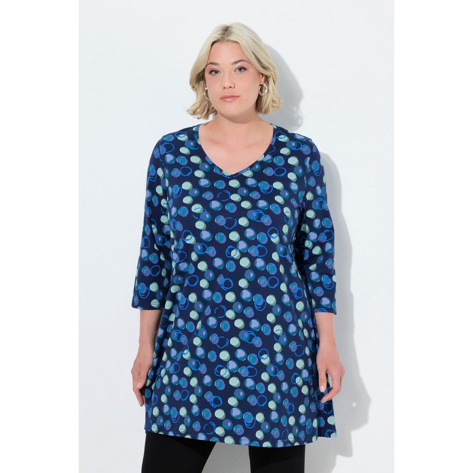 Ulla Popken T-shirt long motif à pois Col en V Manches 3/4 Coupe évasée  