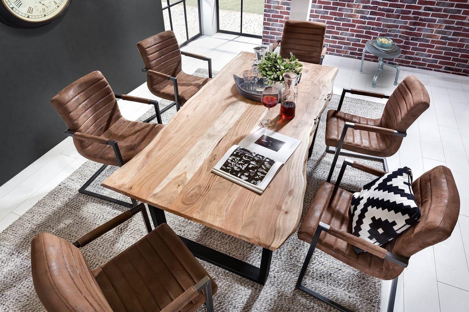 mutoni Table 180x100 cm - acacia naturel - métal noir - avec bordure d'arbre  