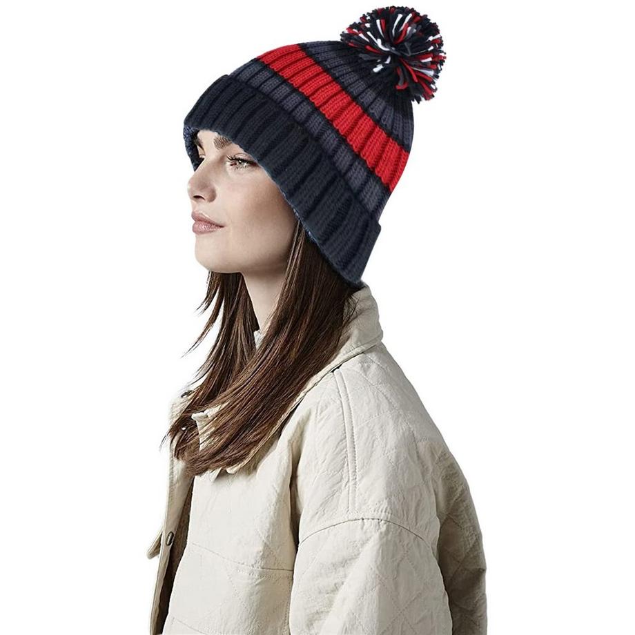 Beechfield Bonnet Hygge Rayé avec Pompon  