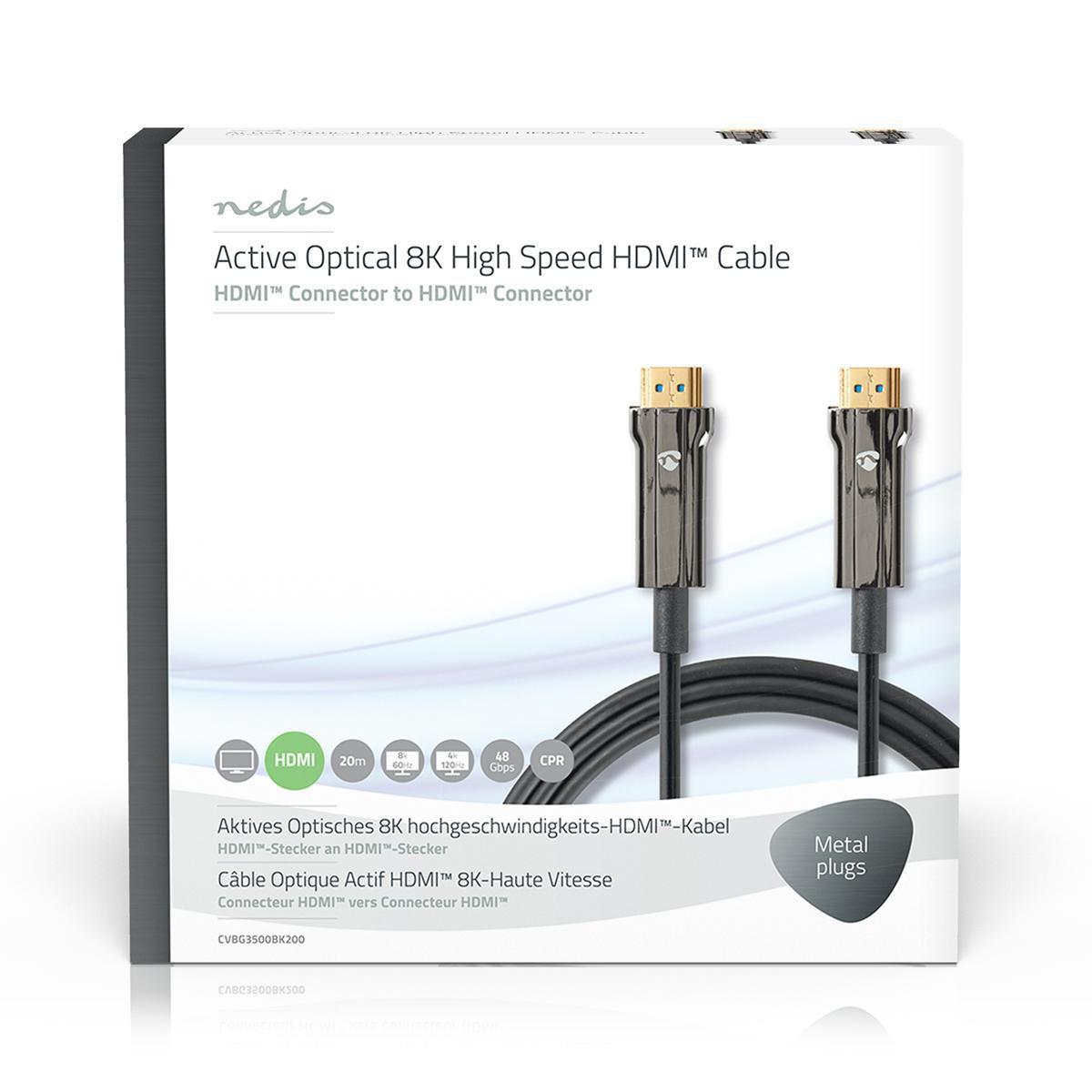 Nedis  Câble HDMI Ultra High Speed Active Optical avec Ethernet | Connecteur HDMI™ | Connecteur HDMI™ | 8K@60Hz | 48 Gbps | 20.0 m | Rond | PVC | Noir | Boîte cadeau 