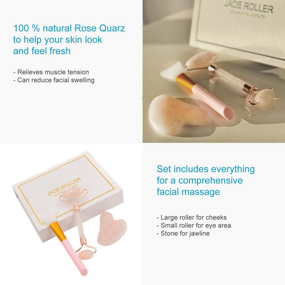 Intirilife  Intirilife 3-teiliges Gua Sha Gesichtsmassage Set Gesichtsroller aus natürlichen Rosenquarz 