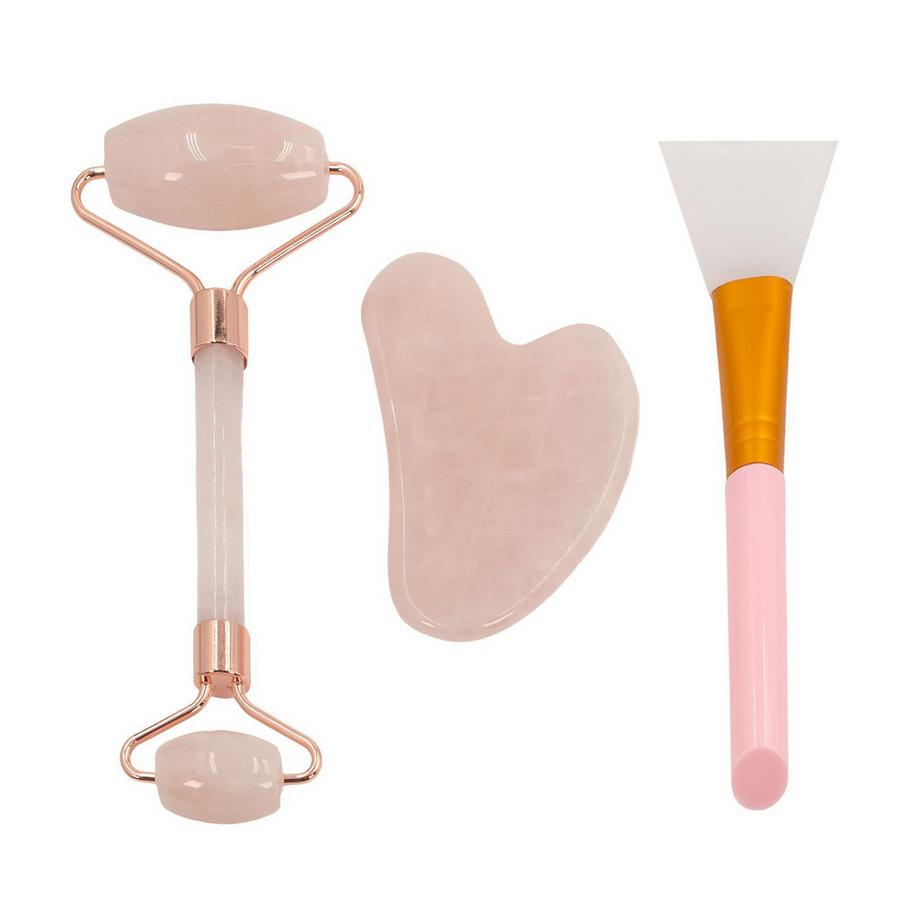 Intirilife Ensemble de 3 massage facial Gua Sha en rouleau facial en quartz rose