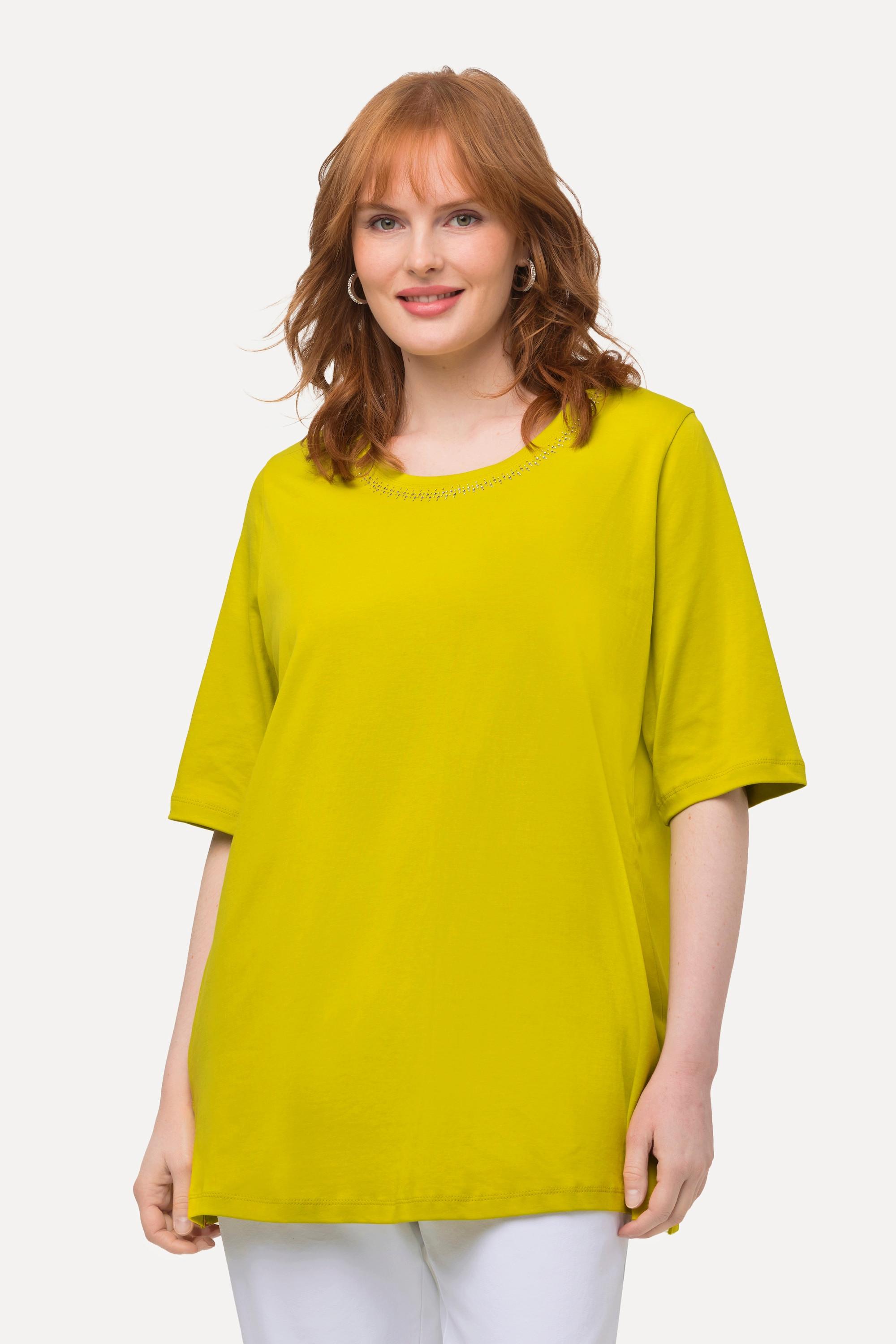 Ulla Popken  T-shirt dal taglio svasato in cotone Pima con scollo a girocollo e mezze maniche 