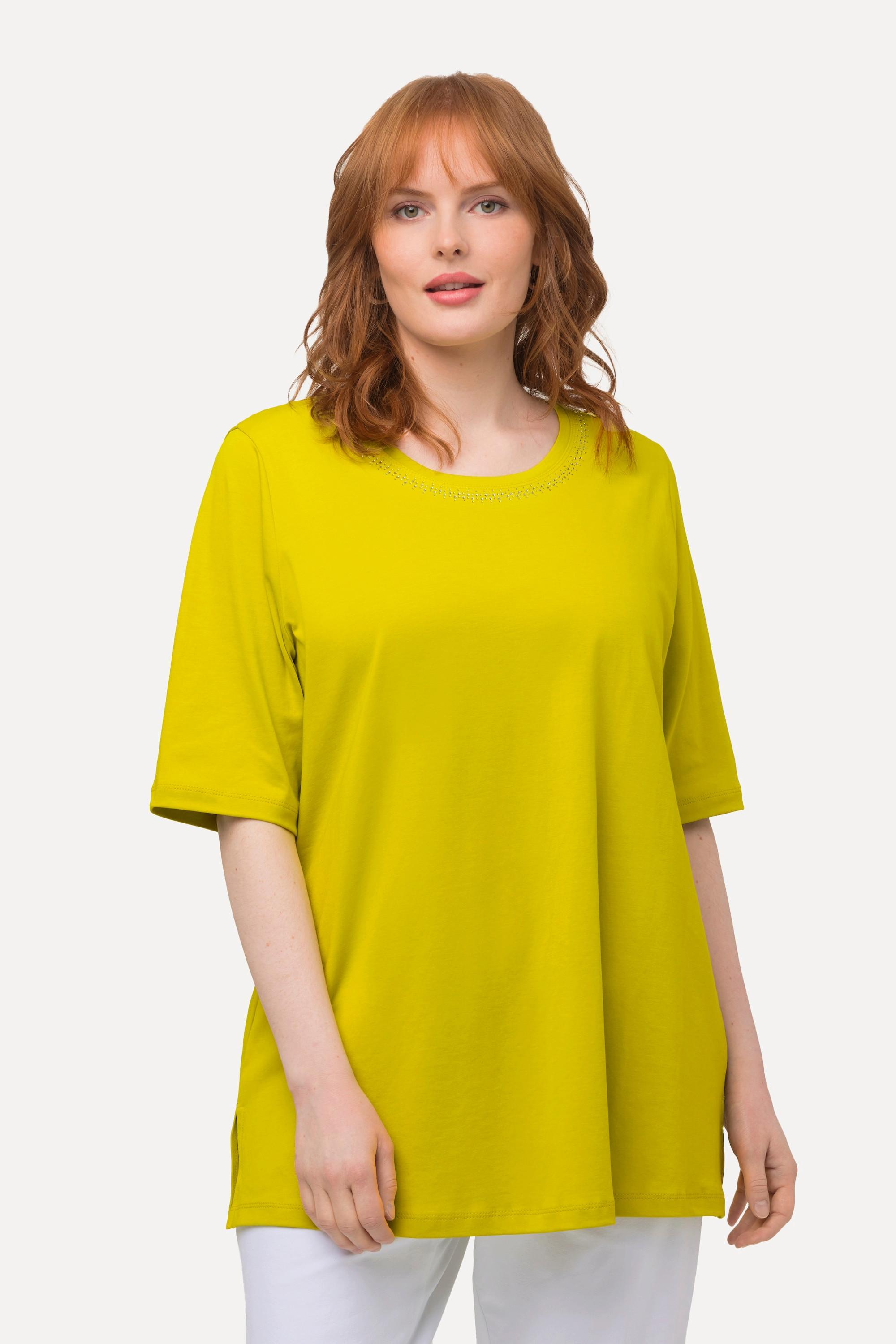 Ulla Popken  T-shirt dal taglio svasato in cotone Pima con scollo a girocollo e mezze maniche 