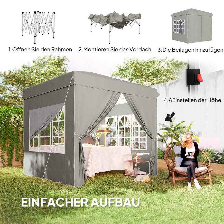 Northio Pavillon 2,5x2,5m, wasserabweisend Stabil Winterfest Pop-up Faltpavillon, UV Schutz 50+, Faltbar Partyzelt Gartenzelt mit 4 Seitenteilen Tasche Gartenpavillon für Camping Garten, Hellgrau  