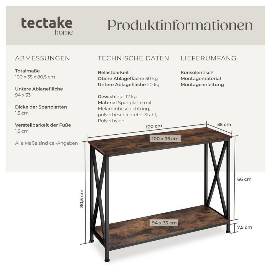 Tectake Konsolentisch Tacoma Industrial Style Holz und Stahl  