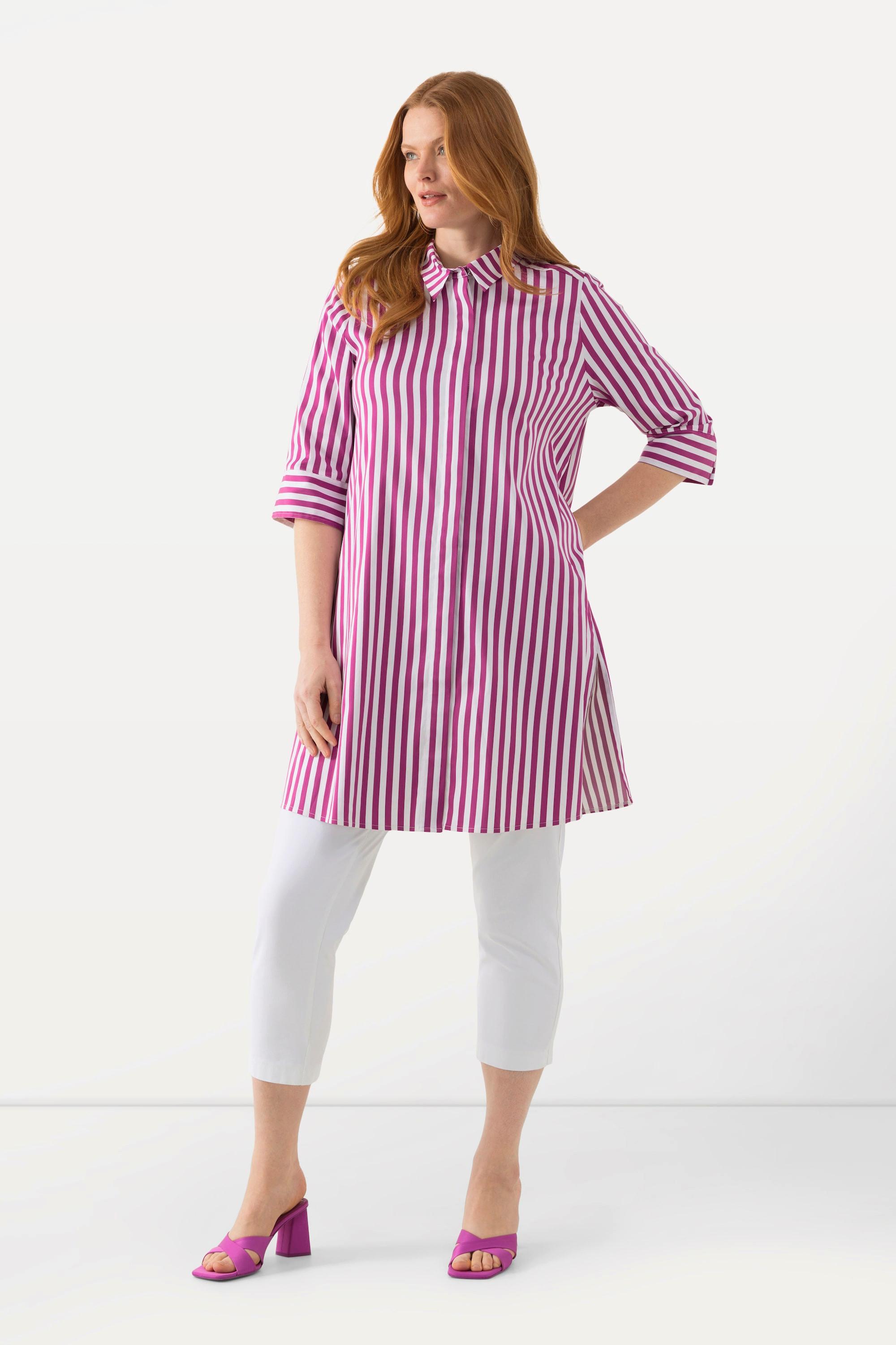 Ulla Popken  Blusa a righe dal taglio lungo e svasato con colletto da camicia e maniche a 3/4 