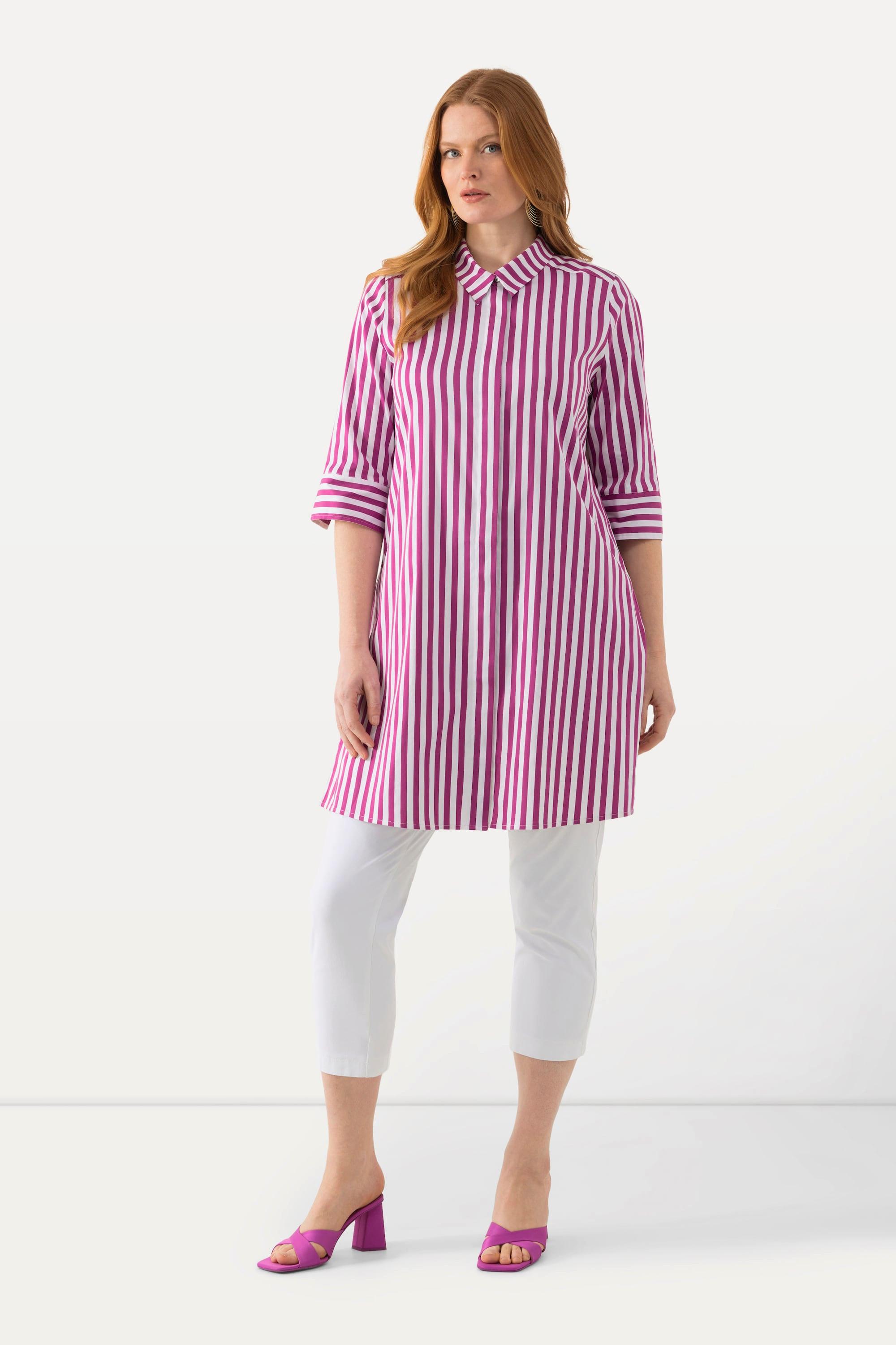 Ulla Popken  Blusa a righe dal taglio lungo e svasato con colletto da camicia e maniche a 3/4 