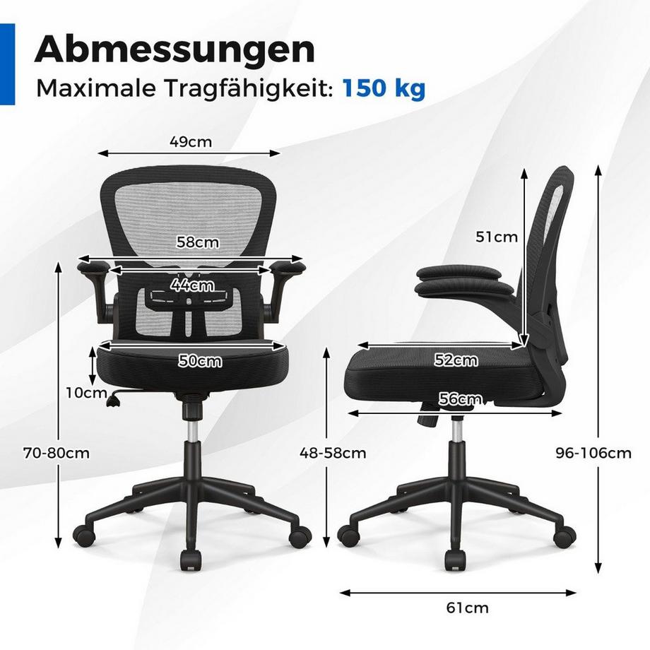 B2X  Ergonomischer Bürostuhl mit Hochklappbaren Armlehnen & Verstellbarer Lendenstütze & Wippfunktion 