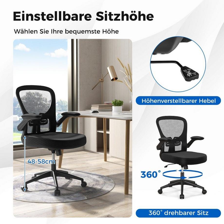 B2X  Ergonomischer Bürostuhl mit Hochklappbaren Armlehnen & Verstellbarer Lendenstütze & Wippfunktion 